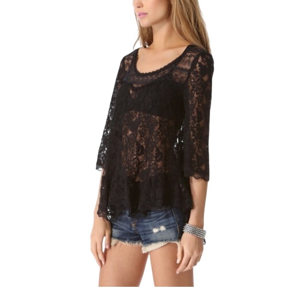 Free People Black Lace Bell Sleeve Blouse‎ Top Size Small Boho Festival